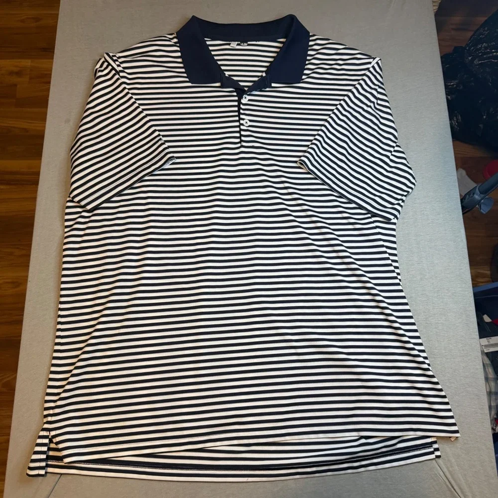 Adidas Mens Navy Blue White Striped Performance Golf Polo Shirt Short Sleeve
